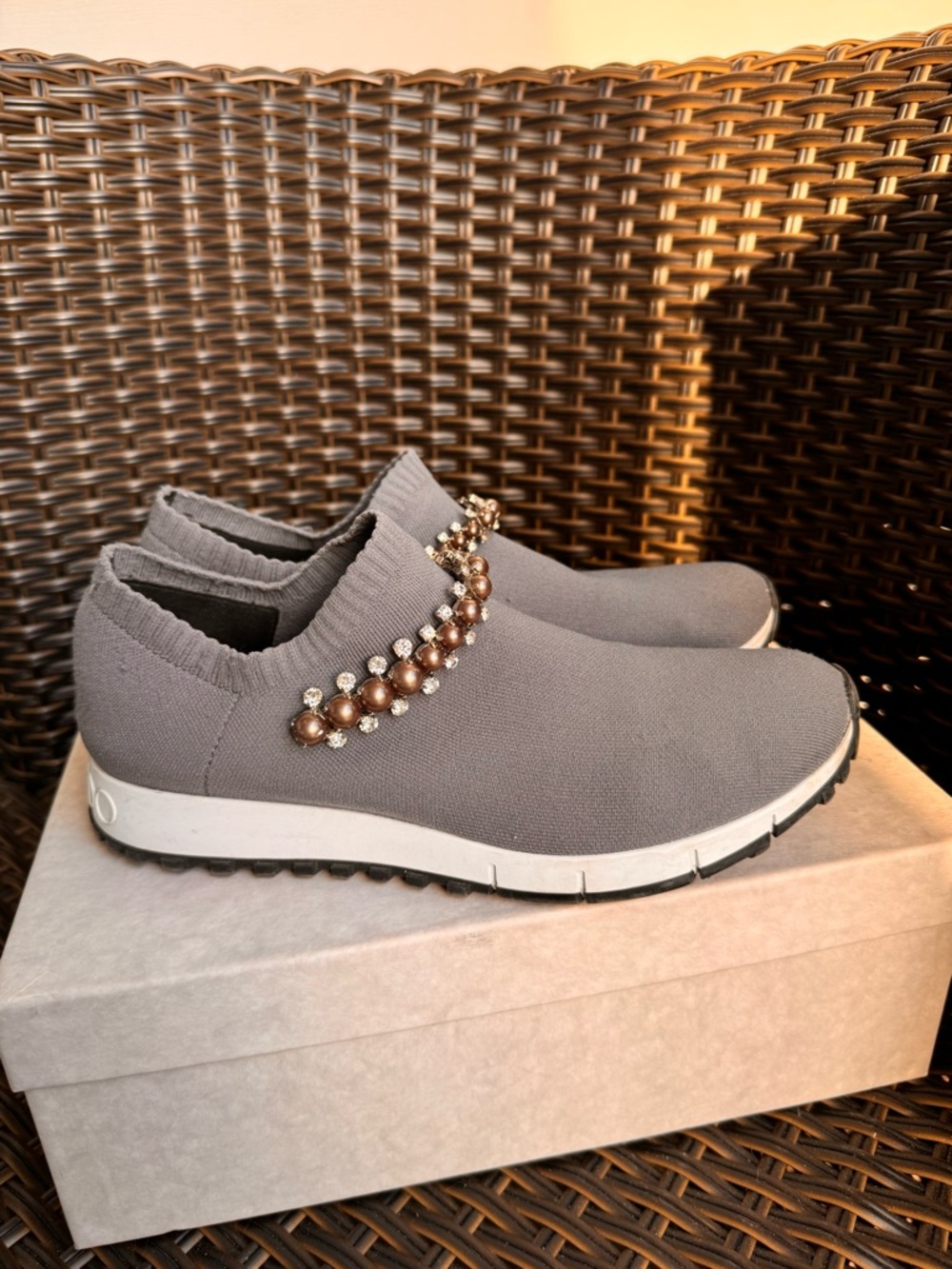 Jimmy Choo Gray Slip-On Knit Sneakers with Pearl & Crystal Embellishment